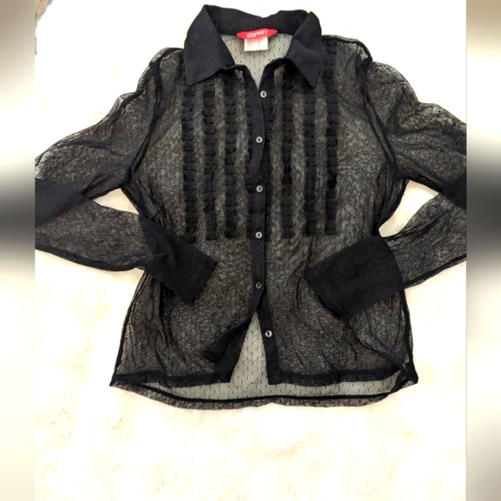 90s Espirit Swiss Dot Mesh Ruffle Blouse